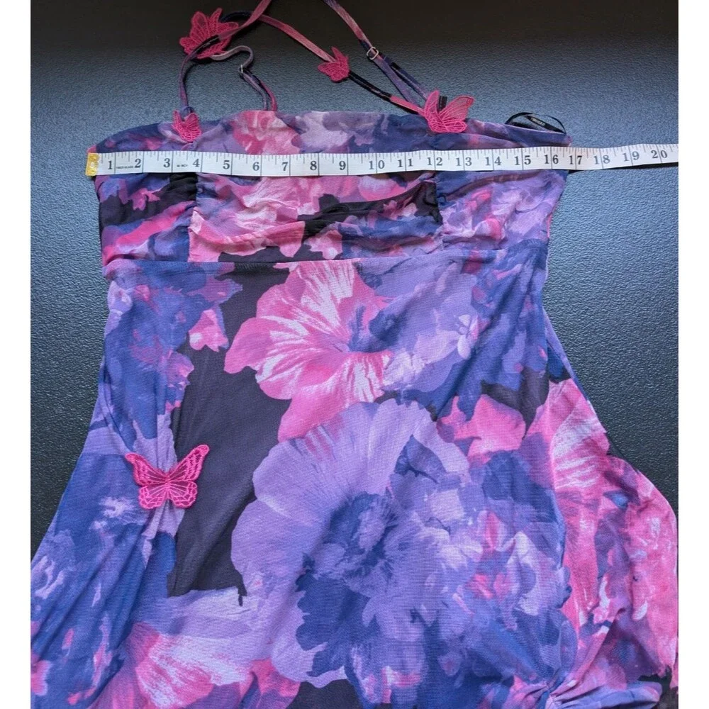 Forever 21 Women's Dress Asymmetric Floral Y2K Fairy Butterfly Ruched Size Large